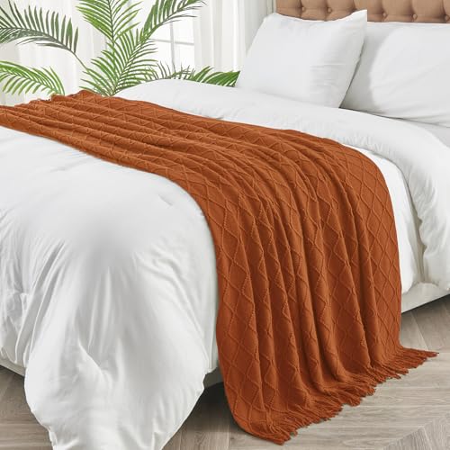 inhand Knitted Throw Blankets for Couch and Bed, Soft Cozy Knit Blanket with Tassel, Orange Rust Lightweight Decorative Blankets and Throws, Farmhouse Warm Woven Blanket for Men and Women, 60"x80"