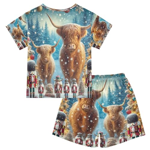 Christmas Highland Cow Nutcracker Pajama Set Short Sleeve PJS 2 Piece Summer Pajamas Shorts Sets Cotton 5Y2