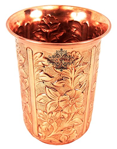 Indian Art Villa Handmade Pure Copper Designer Glass Cup 11 OZ - Serving Water Kitchen Home Hotel Restaurant Hotel Gift Item