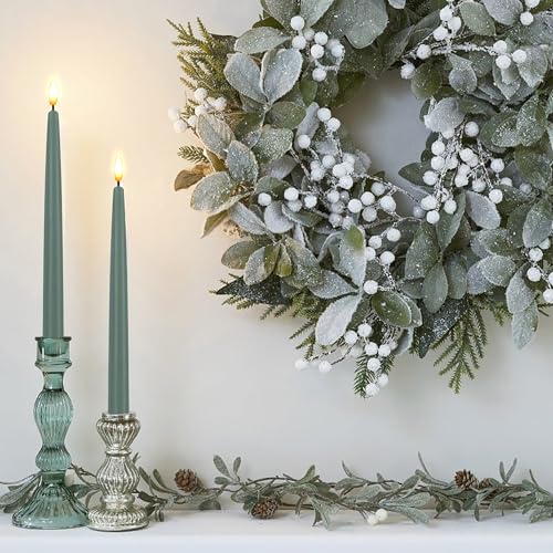 Image of CVHOMEDECO. Flameless Taper Candles with 10-Key Remote, Battery Operated Led Flickering 3D Wick Window Candles Real Wax Finished Home Christmas Party Decor 0.78 x 11 Inch, Pack of 2, Grey Green