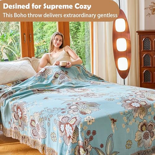Image of VANJOROY Boho Throw Blanket 80 inch x 90 inch, 100% Organic Cotton Breathable Skin-Friendly Ultra Soft Bed Quilt Blue Throw - Floral Rustic Decor Luxury Reversible Blanket for Sofa Couch Chair and Gift,