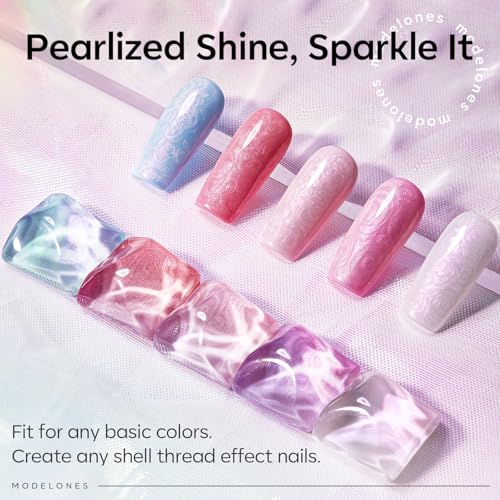 Image of modelones Pearl Gel Nail Polish Top Coat, 2-in-one Clear Pearlescent Glitter Glossy Sparkle Finish Long Lasting Soak Off Mermaid Shimmer Manicure Nail Art Home Salon DIY