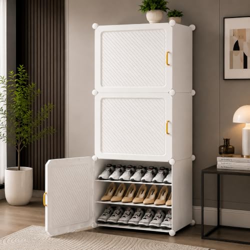 Image of Plastic Shoe Rack for Home with Door | 9-Shelf DIY Shoe Cabinet Organiser | Stores 18 Pairs | Foldable & Waterproof Shoe Stand for Entryway, Bedroom (White-HV1, 9-Layer)