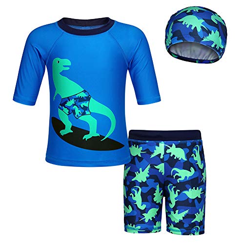 Baby Boys Two Pieces Swimsuits Rashguard UPF50+ Sun Protection Kids Dinosaur Swimwear Set Bathing Suits with Sunhat (deep Blue, 3-4T)