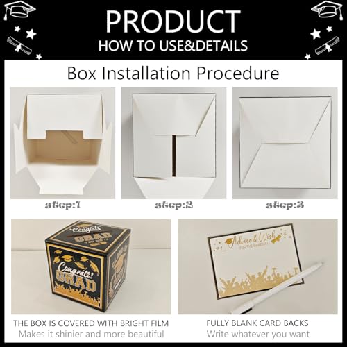 Image of Graduation Card Box 2026 Black and Gold Class of 2026 Card Box with 30PCS Graduation Advice Cards for Congrats Grad Party Favors Supplies