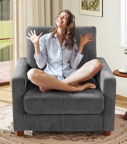 Kidirect Cord Sessel Wohnzimmer 90CM Lesesessel Bequem 57CM Extra Tiefe Sitze Ohrensessel Werkzeugfreie Montage Big Sessel mit 2 Kissen Modernes Sofa Klein fürs Büro Schlafzimmer Sofas Grau