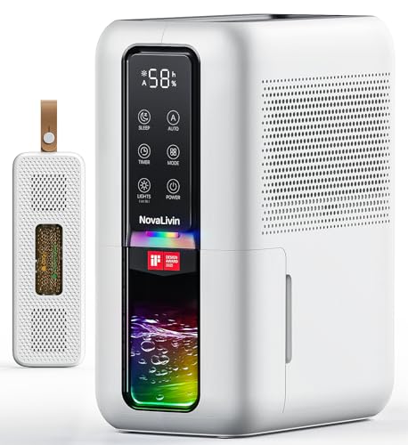 Dehumidifier for Home, Dehumidifiers for Bathroom, Bedroom, Living room, Closet with 68 OZ Water Tank, Moisture Absorbers, Auto Shut Off, Auto Humidity Control, 7 Colors LED Light, Black and White