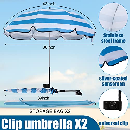 Sadnyy 2 Pcs Beach Chair Umbrella with Universal Adjustable Clamp 38'' Portable Wheelchair Umbrella Clip on Parasol Storage Bag for Beach(Stripe,White, Blue) - Image 2