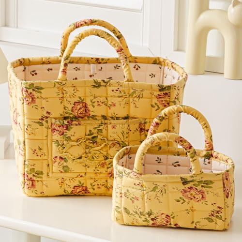 vctops 2 Pack Boho Fabric Quilted Storage Baskets for Organizing, Basket Organizer Gift Basket with Handles, Storage Bins for Toys, Books, Towels, and Clothes, Collapsible Fabric(Floral E)