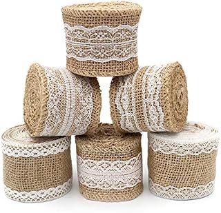 Lace Ribbon,6 Pcs Burlap Ribbon, 12M Jute Burlap Craft Ribbon Roll 5CM Wide with White Lace for DIY Handmade Wedding Crafts Lace Linen(2Meters for each)
