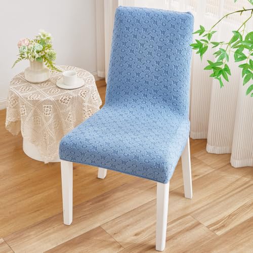 Image of HOMETHREADS Elastic Jacquard Chair Cover Stretch Removable Washable Short Dining Chair Cover Protector Seat Slipcover (D Blue, Pack of 4)