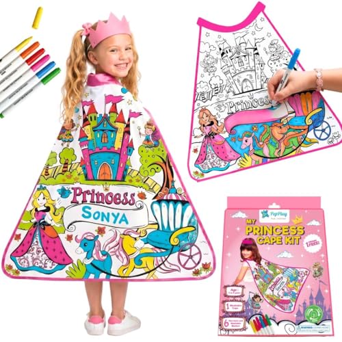 Image of PepPlay Princess Cape Coloring Kit - Personalised Pink Cotton Cape, Magical Unicorns & Fairies | Crown + 6 Washable Fabric Markers | Reusable Pretend /Role Play Birthday Return Gift for Girls Age 3-7