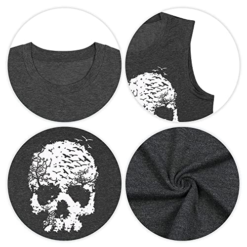 Women's Skull Graphic Tank Top - Xl, Gothic Horror Loose Fit Sleeveless Summer Casual Shirt, Workout & Halloween Tee (Grey) #TOP4