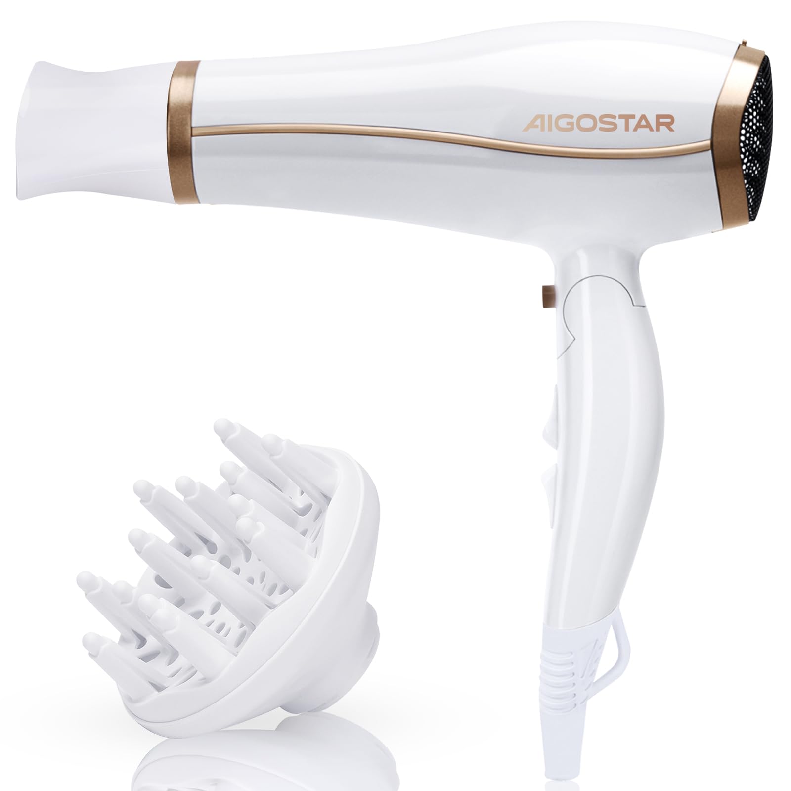 Aigostar Luna - Secador de pelo profesional de 2200 W con iones negativos. 2 velocidades, 3 niveles de temperatura + botón de aire frío. Mango plegable.