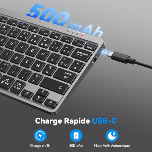 Clavier sans fil Bluetooth AZERTY rechargeable pour iPad Windows Android - 3