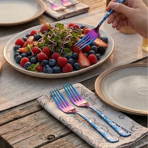 Image of 6.7 inch Rainbow Salad Forks with Floral Printed Handle | Set of 5 Durable Stainless Steel Fruit Forks | Mirror Polished Silverware for Home, Restaurants, and Gift Giving