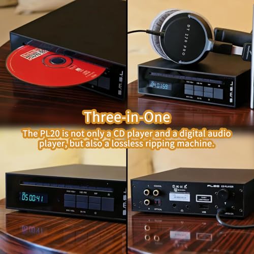 Image of SMSL PL20 HiFi CD Player for Home, CD Ripper, Bluetooth Car CD Players, 2*CS43131 Chip, USB Drive /Bluetooth Input RCA /BT /3.5mm /4.4mm Balanced /Optical /Coaxial Digital Output, Black