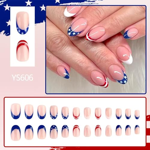 Image of Independence Day Press on Nails French Tip Fake Nails Short Almond False Nails with Star Design Glossy Glue on Nails Artificial Acrylic Full Cover Nude Stick on Nails for Women Girls Manicure 24Pcs
