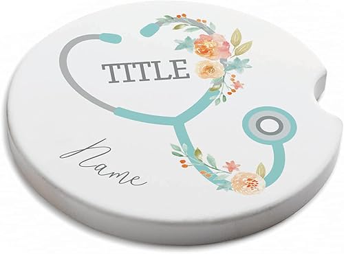 Miniatura 3 de Personalized Planet Posavasos redondo para el estetoscopio floral con nombre personalizado y título impreso en piedra arenisca IronClad para