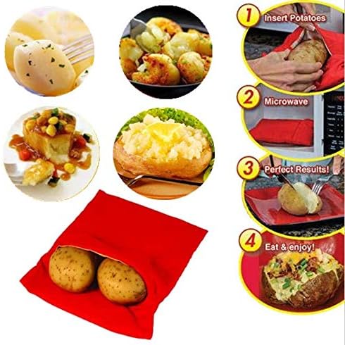 (3 Pack) Microwave Potato Bag, Corn, Day-old bread, Tortillas Cooker Bag, Washable and Reusable, Red