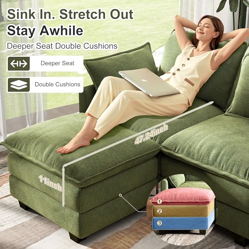 Image of 58 inch Cloud Couch Sectional Modular Sofa, Deep Seat Couches with Ottoman and Removable Washable Pillows for Living Room, Bedroom, Apartment, Green