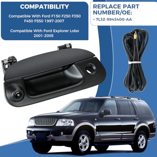 Image of Tailgate Handle Backup Camera Fit for Ford F150 F250 F350 F450 F550 Super Duty 1997-2007, Fit for Explorer Lobo 2001-2005 Tailgate Reversing Rear View Park Assist Camera RCA Plug 7L3Z-9943400AA