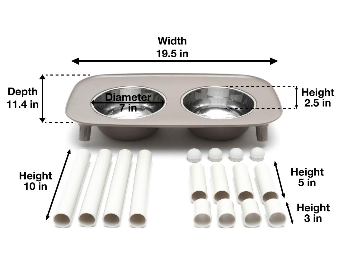 Messy Mutts Comedero doble elevado con cuencos de acero inoxidable, altura ajustable de 3, 5 o 10 pulgadas, comedero de pie ajustable para perros, 5 tazas por cuenco, gris oscuro