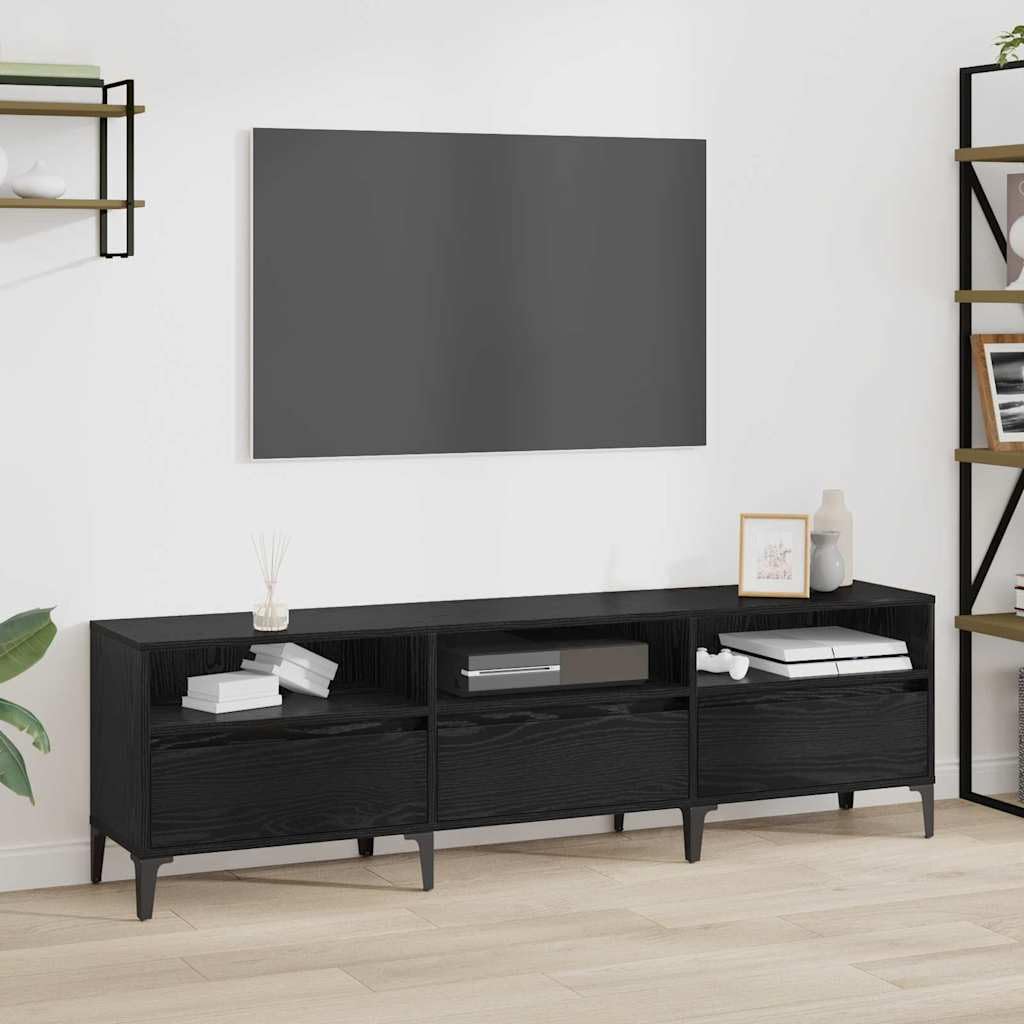 Mobile TV con cassetti, effetto rovere nero, 150 x 30 x 45 cm, in legno, gambe in ferro, design moderno