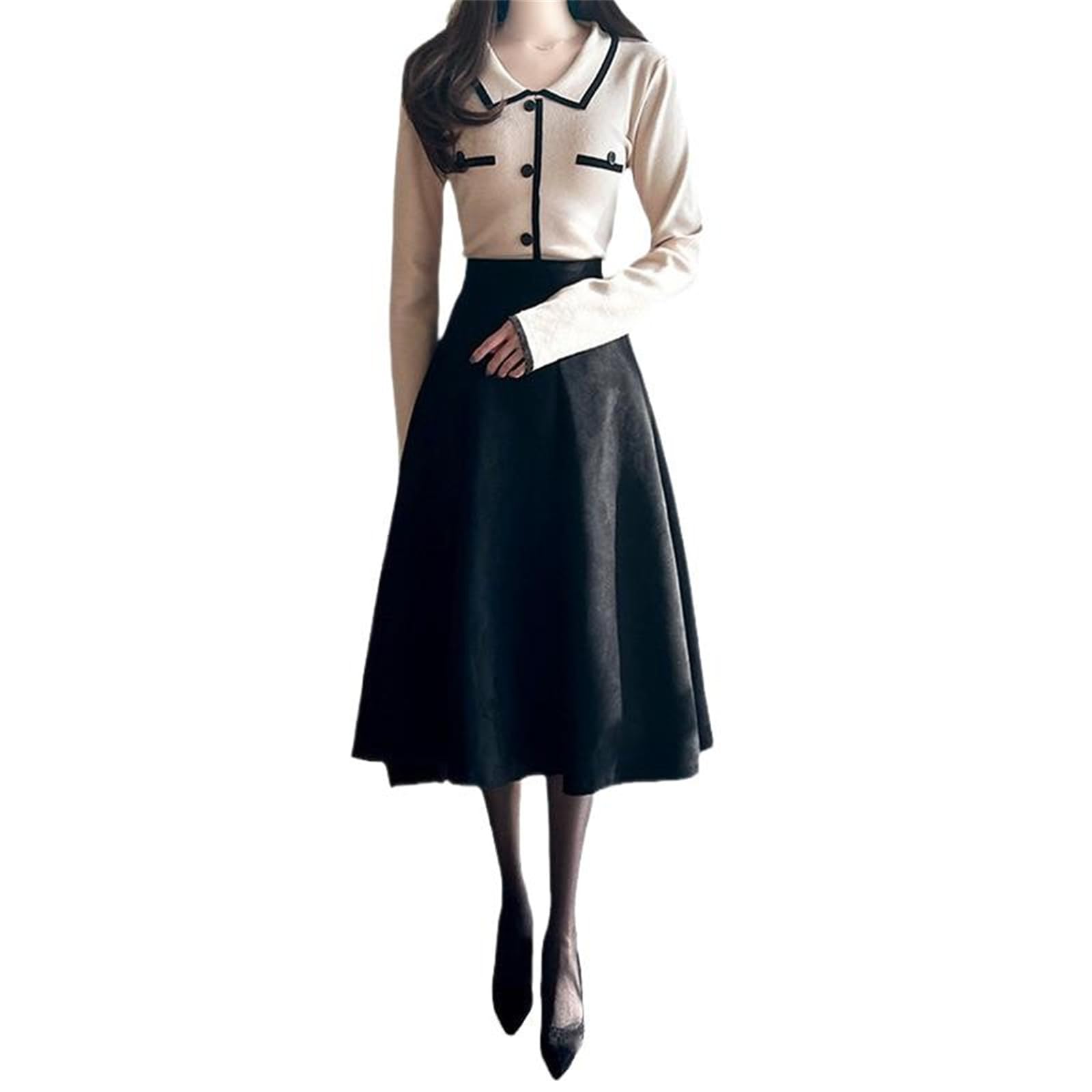 Womens Wool High-Waisted Skirt Pleated Retro Style Autumn and Winter
