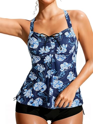 Septangle Tankini Tops for Women Swimwear Top Only with Shorts Swimsuits for Women Over 50 Women Swimsuits Tummy Control, Blue & Paisley, US10