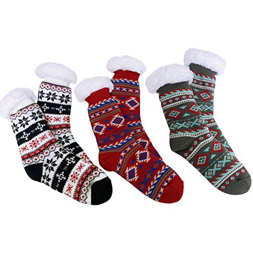 Women Slipper Socks Warm Cozy Fluffy Home Socks Winter Christmas Gifts, 3-Pair