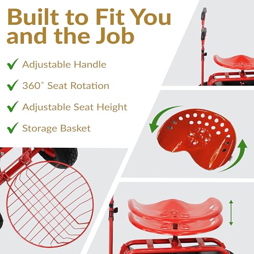 Sunnydaze Garden Cart with Wheels - Garden Stool on Wheels - Rolling Gardening Seat with Extendable Handle - Swivel Seat - Red