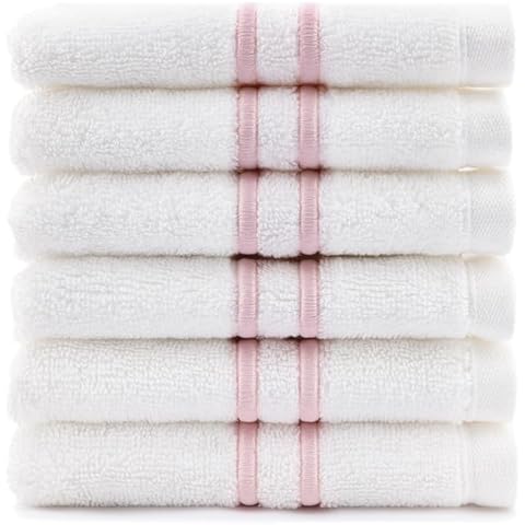 Maisonette Loft Baratta Egyptian Cotton Turkish Hand Towels - Soft Absorbent Washcloths for Face - Ideal Quick Dry Small Towel Wash Cloth Set for Bathroom (13" x 13", 6 Pack) White, Dusty Rose Striped Cover