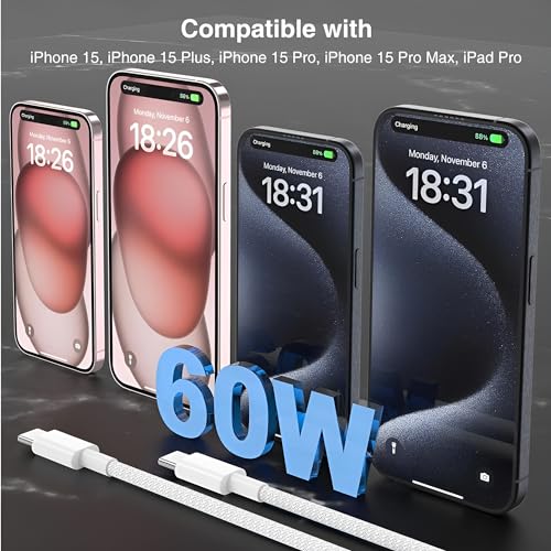 Image of Iphone 15 Pro 3Ft Type C to C Cable Compatible with 15 Plus, Fast Charging Cord for Samsung Galaxy S23 Fe Ultra S22 S21 Fe S20 Fe Note 20 A54 A14(White)