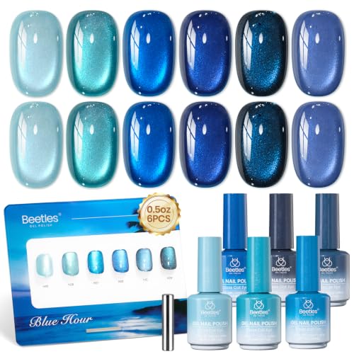 Image of Beetles Blue Cat Eye Gel Nail Polish Set - Blue Hour 6 Colors 15ML Full Size Glitter Gel Polish Kit Glass Cat Eye Magnetic Effect Soak Off UV Nail Art DIY Salon at Home Gift for Women