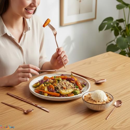Image of Slim Handle Rose Gold 8 Pcs Stainless Steel Cutlery Set for Dining Table, Dishwasher Safe Glossy Flatware (2 Spoon Set + 2 Forks Set + 2 Butter Knife + 2 Dessert Spoon)