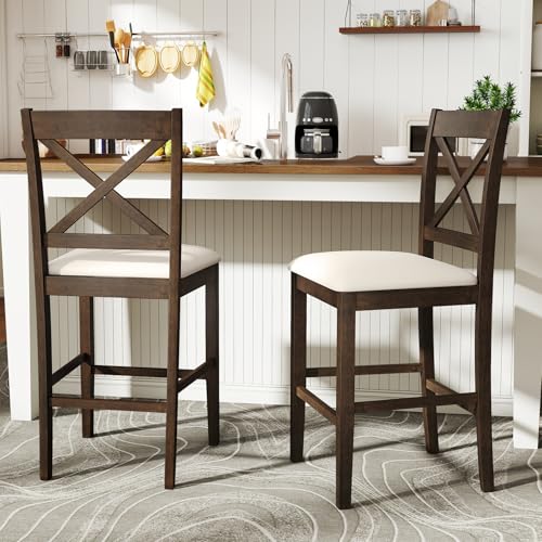 GIANTEX 24" Farmhouse Bar Stools Set of 2, Cross Back Counter Height Chairs with Padded Linen Upholstered Seat & Footrest, Wooden Barstools for Kitchen Island, Dining Room, Cafe, Dark Brown & Cream