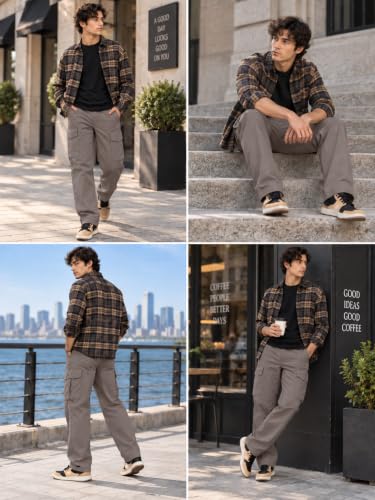 Image of GRECIILOOKS Men Loose Low-Rise Baggy Cargo Pants - Cotton Trousers with Adjustable Drawstring Waist - Casual Streetwear Utility Cargos