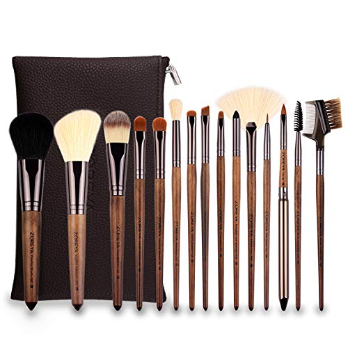 ZOREYA 15pcs High End Makeup Brushes Set with Dark Brown Leather Case, Real Walnut Handle,Contour Foundation Brush Set