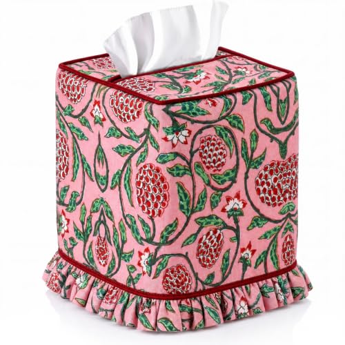Ferrochef Strawberry Pink Block Print Ruffle Tissue Box Cover Fabric Floral Handmade Cotton Decorative Square Napkin Holder for Home Bedroom Living Room Bathroom Vanity Countertop Car Office Kitchen