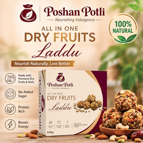 Image of POSHAN POTLI All in One Dry Fruits Laddu 250g Traditional Indian Sweet with Mixed Nuts and Seeds Soft Texture Ready to Eat Snack for Daily Use Festive Serving Home Storage Pack