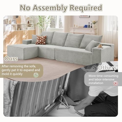 Image of 140 inch L Shaped Cloud Sectional Couch for Living Room, Modular Floor Deep-Seat Sofa, Big Comfy Corduroy Couches Set with Fluffy Memory Foam for Living Room Bedroom, No Assembly Required, Grey