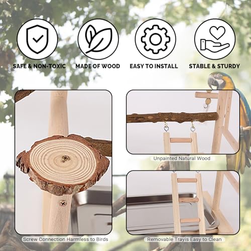 Image of RoseFlower Parrot Playstand, Bird Stand for Indoor, Wooden Bird Playground with Swing, Ladder, Perches and Removable Tray, L*W*H 14x9x15 Inch