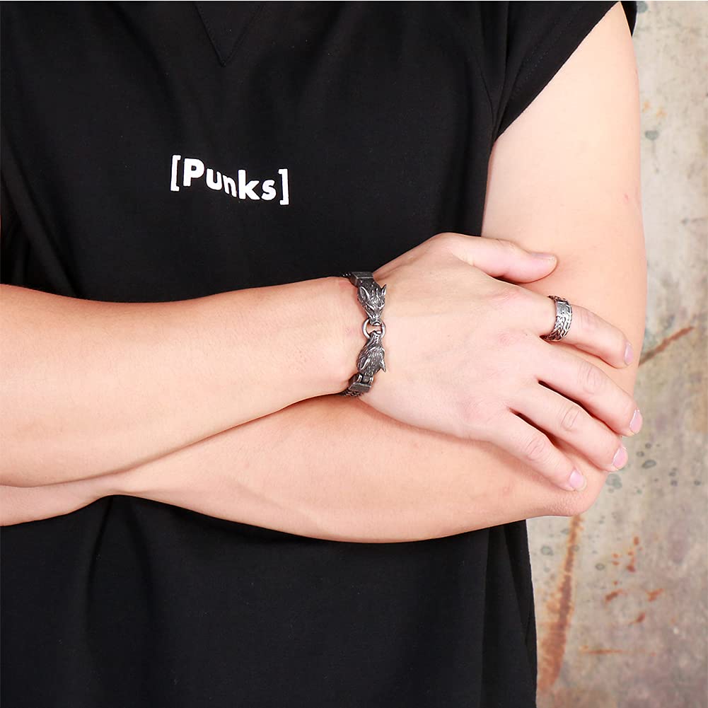 YCTTKDD Armreif aus Sterlingsilber, Retro-Armband, Amulett-Armbänder für Herren und Damen, Vintage-Wikinger-Armreif, Wolfsmythologie, heidnischer Talisman-Armreif, handgefertigte gotische geflochtene