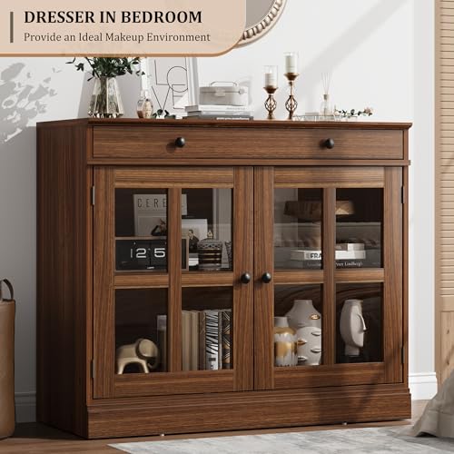 GarveeHome 35.4" Sideboard Buffet Cabinets with Glass Door, Buffet Cabinet with Storage, Walnut Sideboard Cabinet with Drawer, Modern Buffets & Sideboards for Dining Room, Kitchen