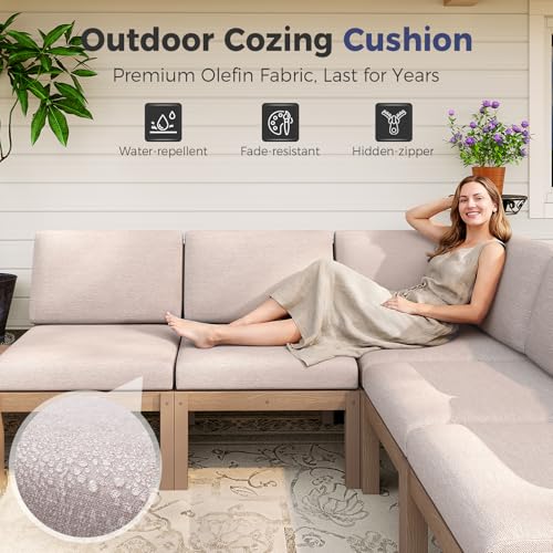Image of Outdoor Patio Chairs Set of 2, HIPS Modular Sectional Seatings & Thick Cushions- Side Interlock Easy to Connect, Weatherproof Patio Furniture Set for Backyard, Deck, Poolside (Teak)