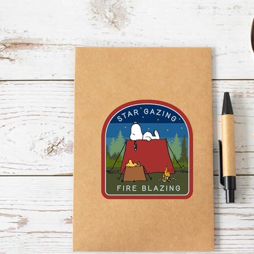 Image of Peanuts Snoopy Star Gazing Fire Blazing Adhesive Vinyl Decal - Fun Snoopy Camping Sticker for Car or Truck