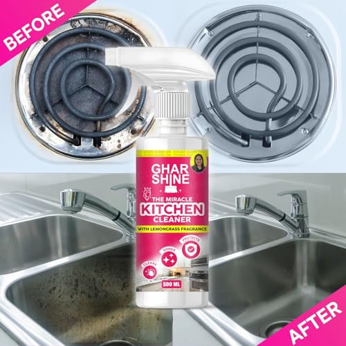 Image of GharShine Kitchen Cleaner Spray 500ML With Lemongrass Fragrance | Removes Tough Oils & Grease Stains | Best Home & Chimney Cleaner Spray | Suitable For Countertops, Stoves, Cabinets & Fans | PK Of 1