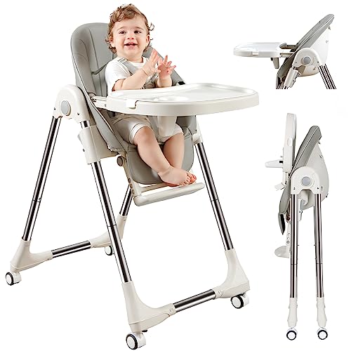 Image of ONOIDM Baby High Chair, Seat Height Adjustable, Foldable, with Wheels, Removable Tray, Portable High Chairs for Babies and Toddlers (Grey)