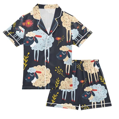 senya Sheep Black Satin Summer Pajama Sets Silk Short Sleeve Button Down Sleepwear